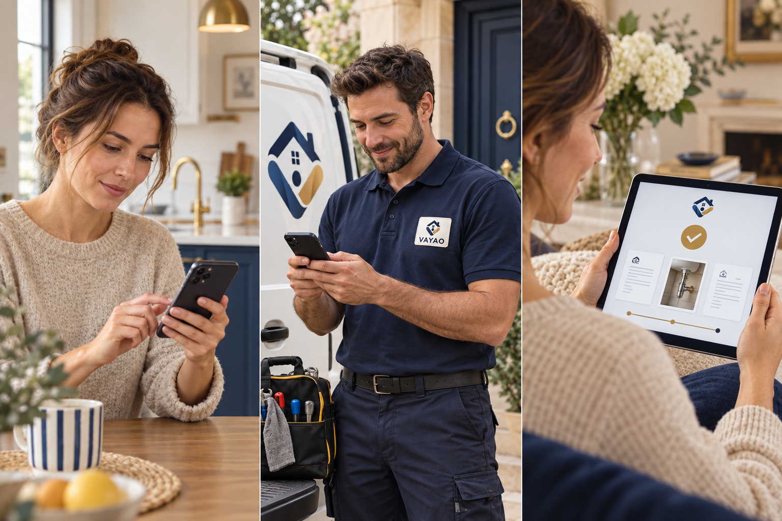 Une cliente décrit son besoin sur son smartphone à son domicile.